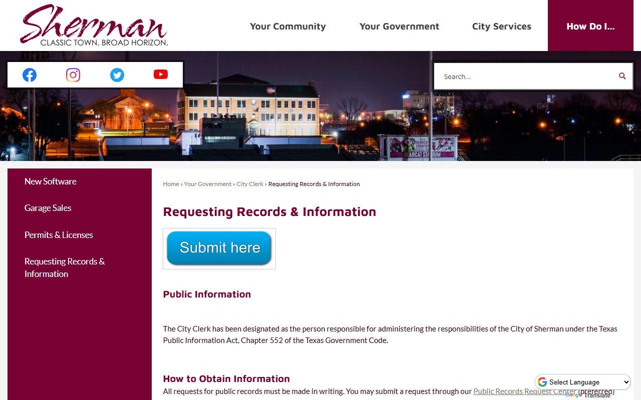 Sherman city records request page