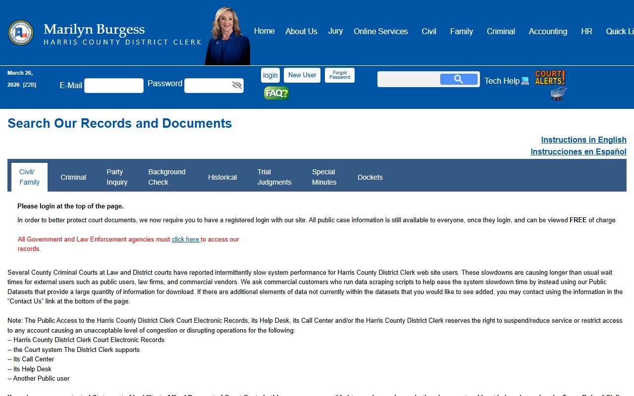 Harris County District Clerk records search portal for people search
