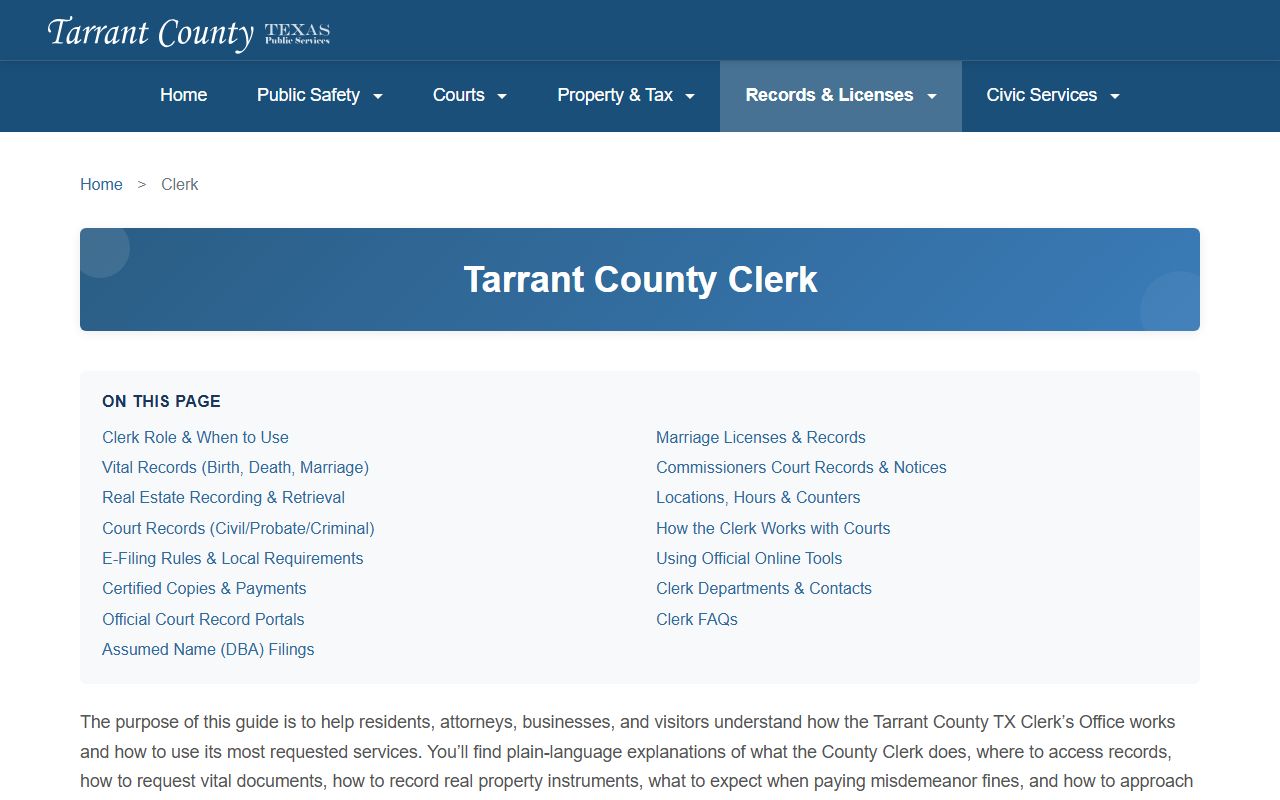 Tarrant County Clerk services for people search