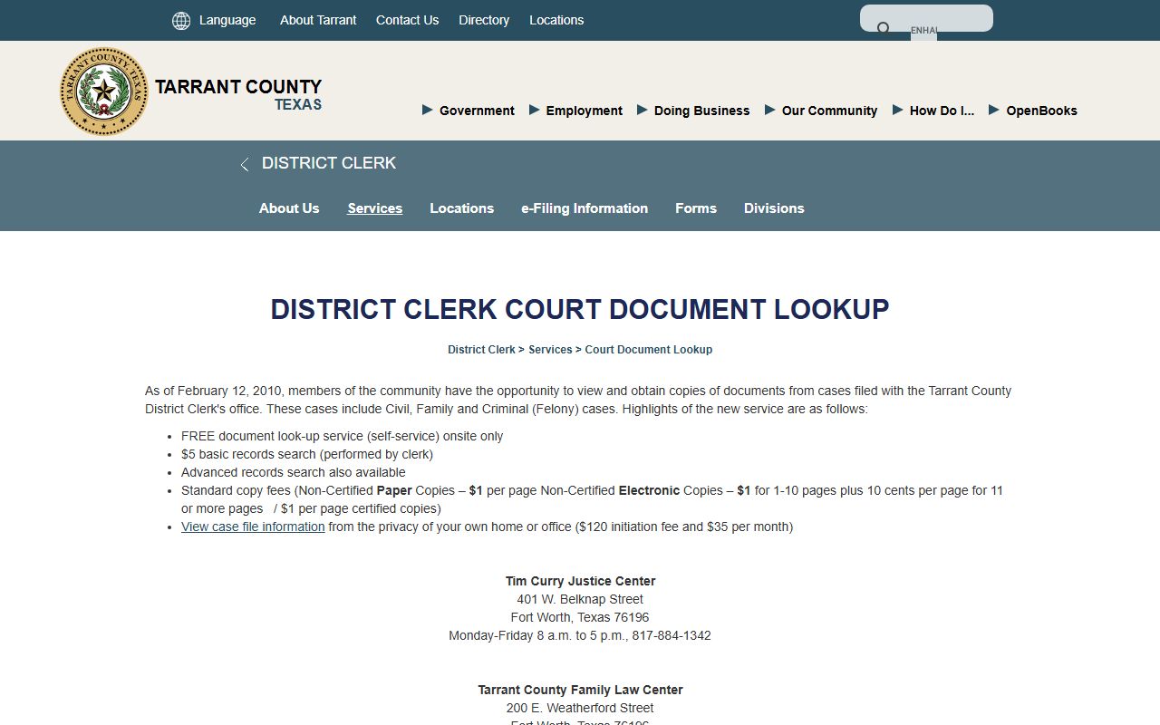 Tarrant County District Clerk document lookup for people search