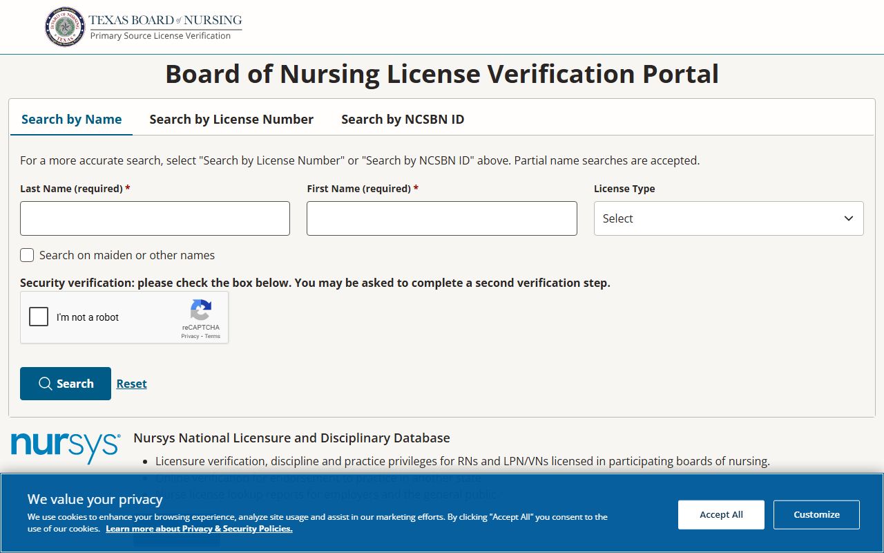 Texas people search Board of Nursing license verification