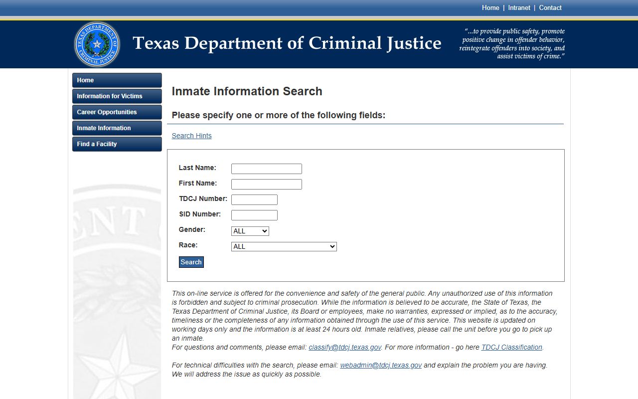 Texas people search TDCJ inmate search portal